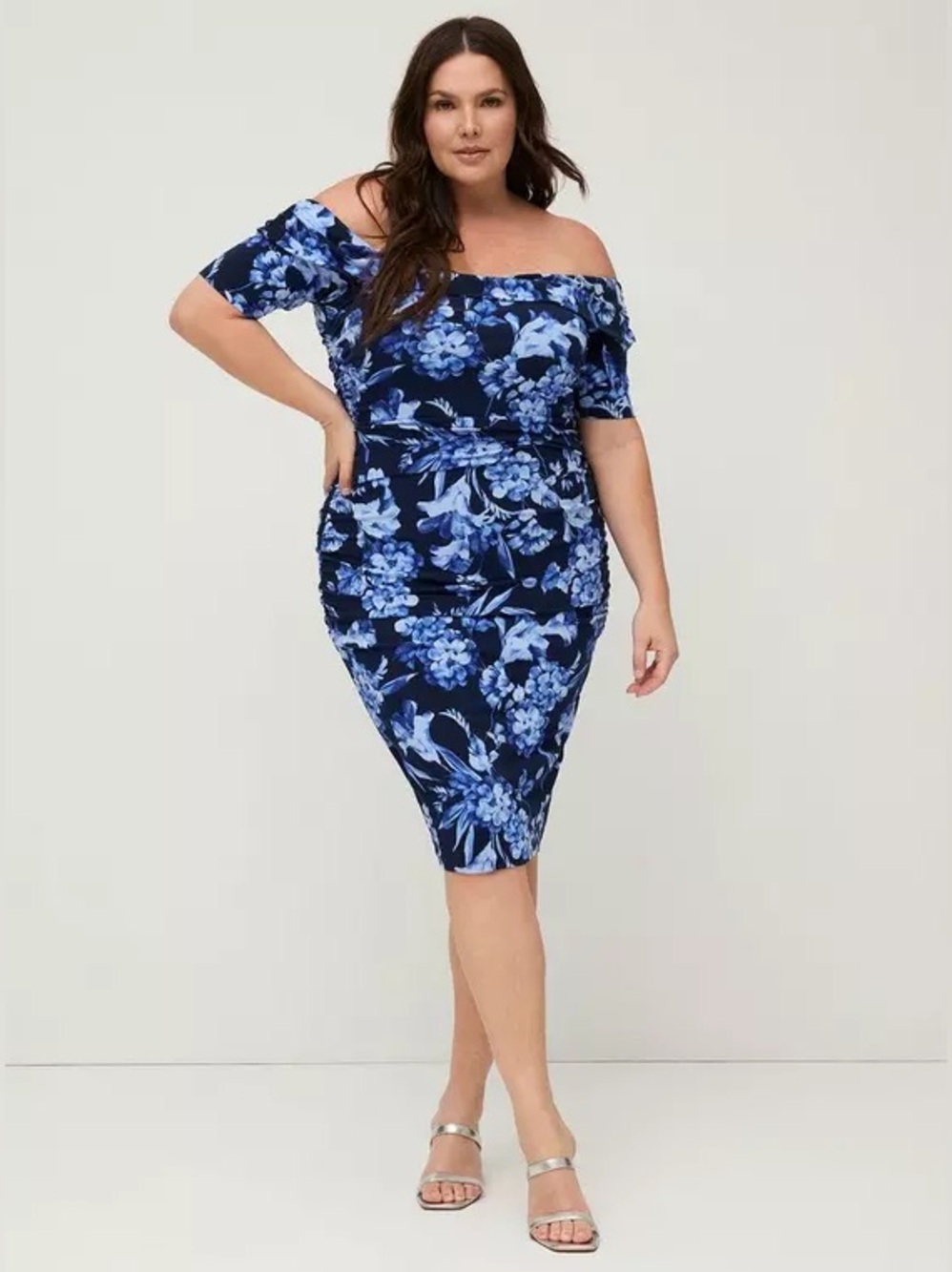 Off-Shoulder Blue Floral Bodycon Dress